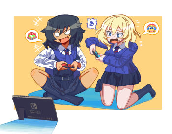 2girls abebe absurdres andou_(girls_und_panzer) bc_freedom_school_uniform belt black_belt black_hair black_skirt black_socks black_vest blonde_hair blue_cardigan blue_eyes blue_necktie blue_sweater blush cardigan controller crossed_legs dark-skinned_female dark_skin diagonal-striped_clothes diagonal-striped_necktie dot_nose dress dress_shirt girls_und_panzer highres holding holding_controller joy-con king_dedede kirby_(series) kneehighs kneeling medium_hair messy_hair metroid miniskirt multiple_girls necktie nintendo nintendo_switch open_mouth oshida_(girls_und_panzer) pinafore_dress playing_games pleated_dress samus_aran school_uniform shirt simple_background skirt sleeveless sleeveless_dress socks striped_clothes striped_necktie sweater sweater_around_neck teeth upper_teeth_only vest white_eyes wing_collar