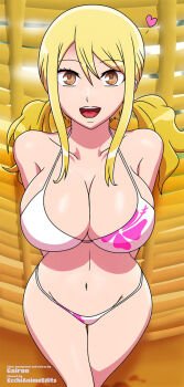 1girl arms_behind_back bare_legs bikini blonde_hair breasts brown_eyes cleavage curvy fairy_tail female_focus gairon heart highres large_breasts looking_at_viewer lucy_heartfilia medium_hair navel solo swimsuit thigh_gap twintails wide_hips