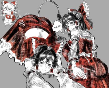 1girl all_fours ass bare_shoulders blush bow breasts chibi chibi_inset closed_mouth commentary_request cow_tail detached_sleeves english_text frilled_bow frilled_skirt frills grey_background hair_bow hakurei_reimu heart highres kemonomimi_mode looking_at_viewer midriff motion_lines multiple_views qvikingr red_bow red_shirt shirt signature simple_background skirt smile solo speech_bubble spoken_heart spot_color tail touhou
