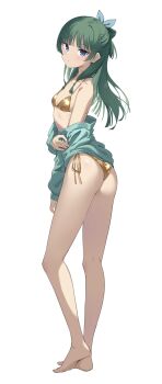 1girl absurdres aqua_shirt arm_at_side ass bare_legs barefoot bikini blue_eyes blue_ribbon blunt_bangs breasts collarbone full_body gold_bikini golden_week green_hair hair_ribbon half_updo highres holding_own_arm kusuriya_no_hitorigoto long_hair looking_at_viewer looking_to_the_side maomao_(kusuriya_no_hitorigoto) parted_lips profnote ribbon shirt shirt_partially_removed side-tie_bikini_bottom sidelocks simple_background small_breasts solo standing string_bikini swimsuit white_background