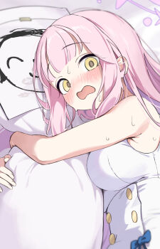 1girl :o absurdres armpits bare_arms blue_archive blunt_bangs blush breasts commentary_request dakimakura_(object) doodle_sensei_(blue_archive) dress halo highres hugging_object lipstick_mark long_hair looking_at_viewer medium_breasts mika_(blue_archive) nashi_(nashipple1) nervous_sweating nose_blush pillow pillow_hug pink_hair pov sensei_(blue_archive) sleeveless sleeveless_dress solo straight_hair sweat very_long_hair white_dress yellow_eyes
