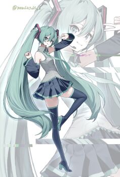 1girl artist_name bare_shoulders blue_boots blue_skirt blue_sleeves boots collared_shirt detached_sleeves fingernails full_body green_eyes green_hair green_nails green_necktie green_trim grey_shirt hair_between_eyes hashtag-only_commentary hatsune_miku headset high_heel_boots high_heels highres komizu64_1 long_hair looking_at_viewer miniskirt nail_polish necktie shirt skirt sleeveless sleeveless_shirt standing standing_on_one_leg thigh_boots thighs twintails twitter_username v very_long_hair vocaloid zoom_layer