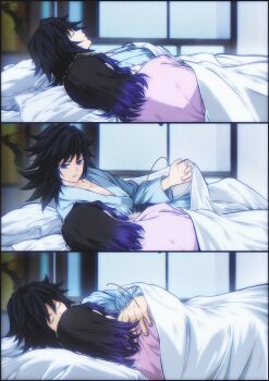 1boy 1girl aqua_kimono black_hair blue_eyes closed_eyes collarbone fingernails from_behind highres hug indoors japanese_clothes kimetsu_no_yaiba kimono kochou_shinobu long_hair looking_at_another lying multicolored_hair niku_(ni23ku) on_bed parted_lips pink_kimono purple_hair tomioka_giyuu two-tone_hair