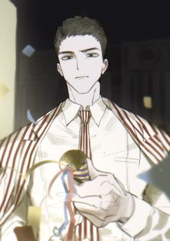 1boy black_hair chains_of_others_(e.g.o) chanil_(muexlku) closed_mouth coat coat_on_shoulders collared_shirt commentary_request confetti e.g.o_(project_moon) green_eyes hair_slicked_back korean_commentary limbus_company meursault_(project_moon) necktie party_popper project_moon shirt solo striped_clothes striped_coat striped_necktie white_shirt