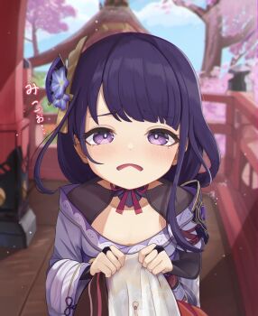 2girls aged_down black_gloves blue_sky blunt_bangs bridal_gauntlets cherry_blossoms child clothes_pull commentary fingerless_gloves genshin_impact gloves half-closed_eyes halterneck highres japanese_clothes kimono long_hair looking_at_viewer multiple_girls off_shoulder open_mouth outdoors purple_eyes purple_hair purple_kimono raiden_shogun sad sera_narumu shirt_pull sky solo_focus tears yae_miko