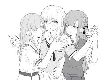 3girls bang_dream! bang_dream!_it&#039;s_mygo!!!!! blush collar commentary dress girl_sandwich greyscale hanasakigawa_school_uniform haneoka_school_uniform highres holding_another&#039;s_wrist kaeru_(kaeee41917105) long_hair medium_hair misumi_uika monochrome multiple_girls necktie pleated_skirt sailor_dress sandwiched school_uniform serafuku skirt sweat sweater_vest togawa_sakiko tsukinomori_school_uniform two_side_up undressing_another wakaba_mutsumi yuri
