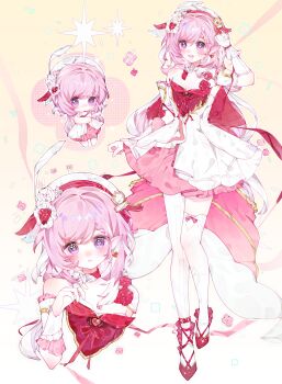 1girl absurdres beret breasts cesie chibi cleavage dress earrings elf elysia_(hi_love_elf)_(honkai_impact) elysia_(honkai_impact) gloves hat heart heart_earrings high_heels highres honkai_(series) honkai_impact_3rd jewelry long_hair multicolored_dress multiple_views pink_dress pink_hair pointy_ears purple_eyes red_dress single_glove smile thighhighs very_long_hair white_dress white_gloves white_thighhighs