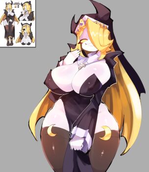 2024 black_dress black_thighhighs blonde_hair borrowed_character breasts cleavage collared_dress colored_skin commentary corss covered_erect_nipples cowboy_shot cross cross_necklace demon_horns dress english_commentary friday_night_funkin&#039; grey_background grin hair_over_one_eye horns huge_breasts jewelry laughing legs_together long_hair moon_(ornament) necklace no_pupils nun original pelvic_curtain reference_work shiny_skin simple_background sir_koi smile standing straight_hair thick_thighs thighhighs thighs very_long_hair white_skin wide_sleeves yellow_eyes