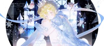 1girl 5boys abby_(aotu_world) absurdres ahoge alternate_costume androgynous animal_ears anmicius aotu_world black_cape black_hair black_hat blonde_hair blue_eyes blue_hat blue_ribbon blush brown_hair cape chinese_commentary commission crossdressing crossdressing_(mtf) crown demon_boy demon_horns demon_wings dress elf english_text frilled_dress frilled_socks frills gloves godrose_(aotu_world) grey_(aotu_world) grey_hair hair_between_eyes hat highres horns huge_ahoge hugging_own_legs indoors king_(aotu_world) kneehighs looking_at_viewer male_focus mini_person miniboy minigirl multiple_boys multiple_girls neck_ribbon parted_lips pink_dress plutoray pointy_ears rabbit_boy rabbit_ears ray_(aotu_world) red_cape red_hair ribbon short_hair short_sleeves sitting smile snow snowflakes snowing socks solo_focus sparkle thighhighs tiara trap watermark white_dress white_socks window winged_unicorn wings