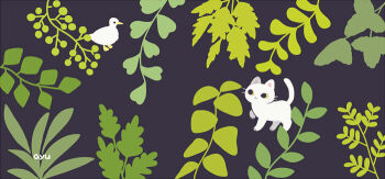 animal animal_focus artist_name ayu_(mog) bird black_background cat closed_mouth commentary commentary_request duck english_commentary leaf mixed-language_commentary no_humans original romaji_commentary simple_background whiskers yellow_eyes