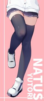 1girl black_thighhighs blue_archive boots character_name highres jacket legs lower_body miniskirt natsu_(blue_archive) painterliuhao pink_background pleated_skirt simple_background skindentation skirt solo standing standing_on_one_leg thighhighs white_boots white_jacket