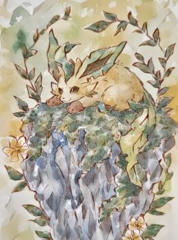 :3 brown_eyes closed_mouth flower gen_4_pokemon highres leaf leafeon lying moss nintendo no_humans on_stomach plant pokemon pokemon_(creature) pokemon_focus rai_(rai_kw) rock