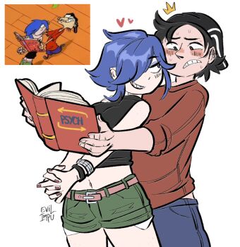 1boy 1girl black_tank_top blue_eyes blue_hair book derivative_work ed_edd_n_eddy edd_(ed_edd_n_eddy) evilimpu flirting goth_fashion green_shorts hair_over_one_eye marie_kanker midriff navel screenshot_redraw short_hair shorts tank_top textbook