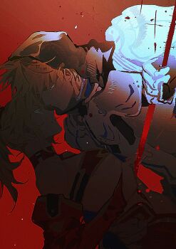 Rule 34 | 1boy, 1girl, armor, arrivederci st, arthur pendragon (fate), bandeau, blonde hair, blood, breasts, commentary request, detached collar, detached sleeves, fate/grand order, fate (series), father and daughter, green eyes, highres, holding, holding polearm, holding weapon, hood, hood up, long hair, looking at another, mordred (fate), open mouth, polearm, ponytail, profile, red background, short hair, spear, stab, tearing up, upper body, weapon