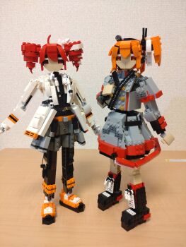 Rule 34 | 2girls, a.i. voice, adachi rei, ahoge, belt, belt buckle, black footwear, black leggings, black shirt, boots, buckle, buttons, choroli (chorolin), cosplay, costume switch, double-breasted, drawstring, drill hair, full body, grey jacket, grey shorts, grey skirt, hair between eyes, hair ribbon, hand up, headlamp, highres, jacket, kasane teto, kasane teto (sv), leggings, lego (medium), long sleeves, looking at viewer, multiple girls, one side up, open clothes, open jacket, orange belt, orange boots, orange eyes, radio antenna, red eyes, red hair, ribbon, shirt, shoes, shorts, shoulder belt, skirt, standing, synthesizer v, twin drills, unconventional media, utau, white jacket, white ribbon