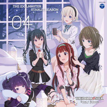 Rule 34 | album cover, aya (idolmaster starlit season), black dress, black hair, black hairband, blue eyes, braid, brushing another's hair, brushing hair, closed mouth, copyright name, copyright notice, cover, cup, dress, floral print, floral print dress, green hairband, hairband, highres, holding, holding cup, hugging object, idolmaster, idolmaster cinderella girls, idolmaster million live!, idolmaster shiny colors, idolmaster starlit season, indoors, jacket, lying, mole, mole under eye, night, official art, okuzora kohaku, on side, open clothes, open jacket, open mouth, pillow, pillow hug, pink eyes, pink jacket, print dress, purple eyes, purple hair, red eyes, red hair, short hair, sitting, skirt, smile, straight hair, takagaki kaede, tanaka kotoha, tanaka mamimi, third-party source, twintails, white dress, white hair, white skirt, window