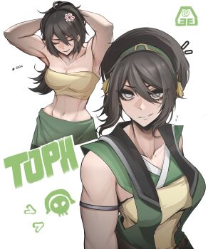 1girl absurdres avatar:_aang_the_last_airbender avatar:_the_last_airbender avatar_legends black_hair blind breasts commentary green_hairband grey_eyes hair_between_eyes hair_bun hairband highres jewelry large_breasts mikuneki muscular muscular_female single_hair_bun smile solo toph_beifong