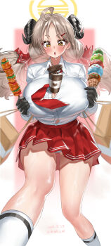 1girl absurdres ahoge balancing black_horns blue_archive breasts collared_shirt commentary convenient_breasts cup curled_horns dated demon_horns disposable_coffee_cup disposable_cup drinking_straw food grey_hair hair_ornament hairclip halo highres holding holding_food holding_ice_cream holding_ice_cream_cone holding_skewer horns ice_cream ice_cream_cone izumi_(blue_archive) large_breasts long_hair meat multiple_scoops necktie object_on_breast open_mouth red_necktie red_skirt shangdi_de_fa_zhang shirt skewer skirt socks twintails untranslatable_commentary white_shirt white_socks
