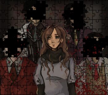 Rule 34 | 1girl, 4boys, black scarf, black shirt, black vest, blood, blood splatter, brown eyes, brown hair, closed mouth, collared shirt, commentary, dress, english commentary, eyelashes, green necktie, hair bun, highres, ichimiya (kyokugen dasshutsu), jacket, jigsaw puzzle, kurashiki akane, kyokugen dasshutsu, kyokugen dasshutsu: 9 jikan 9 nin 9 no tobira, long hair, multiple boys, musashido kagechika, necktie, nijisaki nagisa, ninth man (kyokugen dasshutsu), open clothes, open jacket, purple dress, purple jacket, puzzle, red jacket, red necktie, scarf, shirt, single side bun, solo focus, spoilers, upper body, vest, white jacket, white shirt, wiltedfaded, yellow necktie, yellow vest