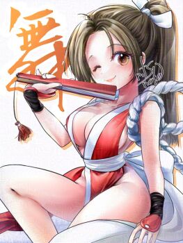 1girl bare_legs breasts brown_hair cleavage commentary_request fatal_fury feet_out_of_frame folding_fan hand_fan highres holding holding_fan large_breasts long_hair looking_at_viewer motoyui mtsnote no_bra one_eye_closed parted_bangs pelvic_curtain plunging_neckline ponytail revealing_clothes rope shiranui_mai sideboob sitting smile solo the_king_of_fighters thighs