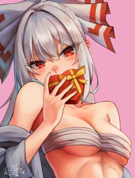 Rule 34 | 1girl, absurdres, armpit crease, blush, bow, breasts, candy, chest sarashi, chocolate, chocolate heart, collarbone, commentary request, covering own mouth, equality taira, food, fujiwara no mokou, grey hair, hair between eyes, hair bow, hand up, head tilt, heart, heart-shaped food, highres, long hair, looking at viewer, medium breasts, mixed-language commentary, pink background, ponytail, red eyes, sarashi, shirt, shirt partially removed, signature, simple background, solo, touhou, upper body, valentine, white bow, white shirt