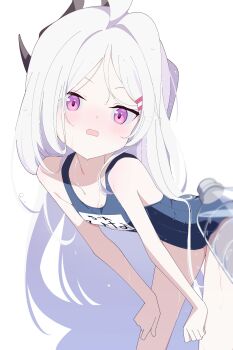 1girl ahoge asagisui bare_arms bare_legs bare_shoulders black_horns blue_archive blue_one-piece_swimsuit blush bottle breasts demon_girl demon_horns dot_nose feet_out_of_frame flat_chest hair_between_eyes hair_ornament hair_over_shoulder hairclip hands_on_own_thighs highres hina_(blue_archive) horns leaning_forward loli long_hair looking_at_viewer multiple_horns name_tag no_wings official_alternate_costume old_school_swimsuit one-piece_swimsuit open_mouth purple_eyes school_swimsuit simple_background small_breasts solo standing swimsuit thighs very_long_hair water_bottle wet wet_clothes white_background white_hair