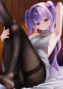 1girl aran_sweater arm_behind_head arm_up armpits backless_outfit bare_back bare_shoulders black_pantyhose breasts cable_knit commentary_request commission diamond_(shape) echorin-p feet_out_of_frame floating_headgear garimayo grey_sweater hair_between_eyes halterneck headgear heterochromia highres holding_own_leg indie_virtual_youtuber indoors knees_together_feet_apart leg_up legs long_hair looking_at_viewer no_shoes on_bed panties panties_visible_through_clothes pantyhose purple_eyes purple_hair red_eyes ribbed_sweater sideboob sidelocks skeb_commission sleeveless sleeveless_sweater sleeveless_turtleneck small_breasts soles solo sweater turtleneck turtleneck_sweater twintails underwear very_long_hair virgin_killer_sweater virtual_youtuber white_panties