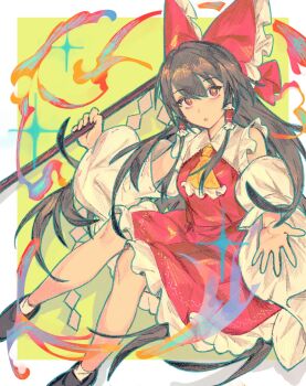 1girl ascot black_hair black_shoes border bow breasts collared_shirt detached_sleeves fire floating_hair flying frills full_body gohei green_background hair_between_eyes hair_bow hakurei_reimu hands_up highres holding holding_gohei large_bow long_hair long_sleeves looking_at_viewer medium_breasts nontraditional_miko open_mouth outside_border quatro10257041 red_bow red_eyes red_shirt red_skirt shadow shirt shoes sidelocks skirt skirt_set socks solo sparkle touhou very_long_hair white_border white_sleeves white_socks wide_sleeves yellow_ascot yellow_pupils