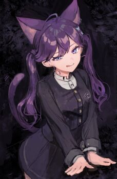 1girl :p absurdres ahoge animal_ear_piercing animal_ears arm_support black_jacket black_skirt blue_eyes breasts butterfly_hair_ornament cat_ears cat_girl cat_tail closed_mouth collared_shirt commentary_request cowboy_shot cropped_jacket dark_background emblem gakuen_idolmaster gokugetsu_academy_school_uniform hai_bokusha hair_ornament half-closed_eye high-waist_skirt high_collar highres idolmaster jacket kaya_rinha light_blush long_hair long_sleeves looking_to_the_side piercing purple_hair school_emblem school_uniform shirt simple_background skirt sleeves_past_wrists small_breasts solo standing tail tongue tongue_out twintails white_shirt