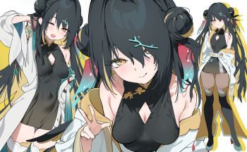 1girl absurdres arm_up black_dress black_hair black_thighhighs blonde_hair blue_shoes breasts china_dress chinese_clothes cleavage_cutout clothing_cutout colored_inner_hair commentary commission covered_navel diamond_cutout double_bun dress hair_bun hair_over_one_eye half-closed_eye hand_in_own_hair highres jacket large_breasts long_sleeves multicolored_hair multiple_views one_eye_closed open_clothes open_jacket open_mouth original shoes sleeveless sleeveless_dress standing streaked_hair tanghulu_(bbbb1123112) thighhighs two-sided_fabric two-sided_jacket two-tone_hair w white_jacket