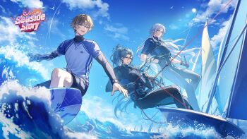 3boys aoiro_oto black_pants black_shirt black_shorts blue_eyes blue_sky brown_hair calcharo_(wuthering_waves) commentary day english_commentary green_hair highres jiyan_(wuthering_waves) logo male_focus mechanical_arms mechanical_hands multiple_boys ocean official_art open_mouth outdoors pants ponytail second-party_source shirt short_hair shorts single_mechanical_arm single_mechanical_hand sky smile surfing tacet_mark_(wuthering_waves) white_hair white_shirt wuthering_waves xiangli_yao_(wuthering_waves) yellow_eyes