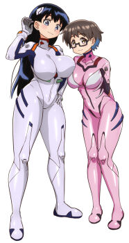 2girls arato_nagi ayanami_rei ayanami_rei_(cosplay) black_hair blue_eyes bodysuit breasts brown_hair cosplay full_body glass highres imari_youko large_breasts long_hair makinami_mari_illustrious makinami_mari_illustrious_(cosplay) mecha_pilot_suit multiple_girls neon_genesis_evangelion plugsuit_(evangelion) rebuild_of_evangelion ruri_no_houseki sachisuki_gyoko short_hair smile standing white_bodysuit