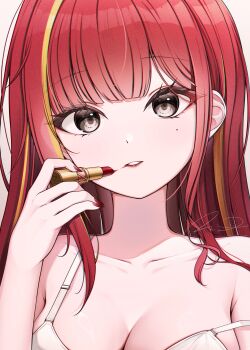 Rule 34 | 1girl, absurdres, akane lize, applying lipstick, applying makeup, bra, breasts, cleavage, commentary, cosmetics, film grain, grey eyes, gyeou lee, hand up, highres, holding, holding lipstick tube, large breasts, lipstick tube, long hair, looking at viewer, mole, mole under eye, multicolored hair, nail polish, no shirt, parted bangs, parted lips, red hair, red lips, red nails, signature, solo, stellive, straight hair, strap slip, streaked hair, symbol-only commentary, underwear, upper body, virtual youtuber, white bra