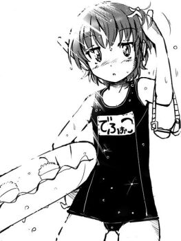 1girl blush commentary_request eichi1219 goggles greyscale hand_in_own_hair holding holding_swim_ring innertube jitome looking_at_viewer monochrome parted_lips robot_ears school_swimsuit short_hair solo swim_goggles swim_ring swimsuit unworn_goggles utane_uta utau water_drop