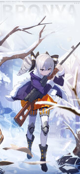 1girl blue_jacket bow bronya_zaychik bronya_zaychik_(snowy_sniper) closed_mouth drill_hair grey_eyes grey_hair grey_sky hair_bow highres holding holding_weapon honkai_(series) honkai_impact_3rd jacket official_art outdoors scarf sky sniper snowing solo twin_drills weapon winter_clothes