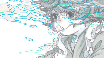 Rule 34 | 1girl, air bubble, bubble, closed mouth, empty eyes, floating hair, green eyes, green kimono, grey hair, highres, japanese clothes, kimono, looking ahead, muted color, portrait, short hair, sketch, smile, solo, touhou, uewtsol, underwater, wakasagihime, white background