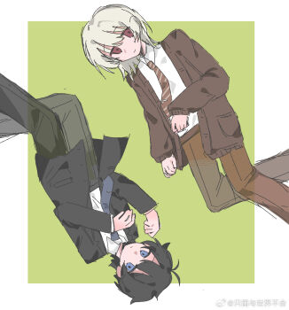 2boys akinashi_haru black_hair black_jacket black_pants blue_eyes blue_necktie brown_cardigan brown_pants cardigan chinese_commentary circle_formation collared_shirt commentary_request diagonal-striped_clothes diagonal-striped_necktie dress_shirt feet_out_of_frame fishinnnnnnn formal_clothes green_background hands_up highres jacket looking_at_viewer male_focus multiple_boys necktie outside_border pants red_eyes red_necktie saihate_eki shirt striped_clothes suit_jacket tatsunami_shion white_hair white_shirt