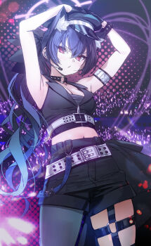 1girl :/ absurdres animal_ear_fluff animal_ears armpits arms_up audience belt belt_around_waist black_gloves black_hat black_shorts blue_archive blush breasts cat_ears cat_girl choker cleavage commentary_request concert drive_shot earpiece extra_ears gloves glowstick halo hat highres idol_clothes long_hair looking_at_viewer medium_breasts midriff navel o-ring o-ring_choker o-ring_thigh_strap official_alternate_hairstyle pink_halo ponytail serika_(blue_archive) serika_(idol)_(blue_archive) short_shorts shorts single_leg_pantyhose stage_lights thigh_strap thighs v-shaped_eyebrows white_belt