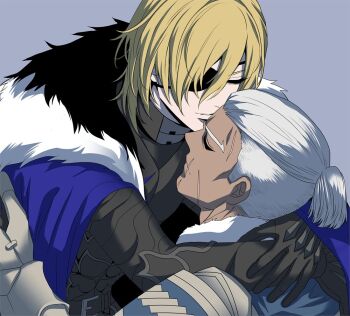 Rule 34 | 2boys, armor, arms around neck, black fur, blonde hair, blue cape, blue scarf, breastplate, cape, closed eyes, commentary, dark-skinned male, dark skin, dedue molinaro, dedue molinaro (timeskip), dimitri alexandre blaiddyd, dimitri alexandre blaiddyd (timeskip), eyepatch, facial scar, fire emblem, fire emblem: three houses, forked eyebrows, fur-trimmed collar, fur trim, gauntlets, grey background, kiss, kissing forehead, male focus, medium hair, megubiru, multiple boys, nintendo, one eye covered, parted bangs, pauldrons, ponytail, scar, scar on cheek, scar on face, scarf, short ponytail, shoulder armor, simple background, untranslatable commentary, upper body, white fur, white hair, yaoi