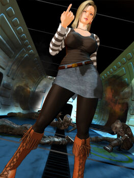 1girl android_18 belt blonde_hair blue_eyes boots breasts denim denim_skirt earrings jewelry kill_the_king large_breasts long_hair mature_female middle_finger miniskirt pantyhose pencil_skirt skirt solo