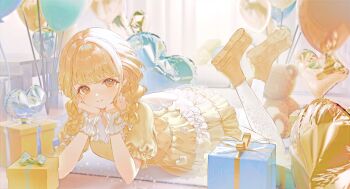 Rule 34 | 1girl, :3, absurdres, balloon, blonde hair, blush, bow, box, braid, colored eyelashes, curtains, dress, fake wings, floor, frilled dress, frilled sleeves, frilled wrist cuffs, frills, fujita kotone, full body, gakuen idolmaster, hair bow, hand on own cheek, hand on own face, heart balloon, highres, idolmaster, indoors, ixerx0, lace, lace pantyhose, long hair, looking at viewer, low twin braids, lying, on stomach, orange eyes, pantyhose, puffy short sleeves, puffy sleeves, shoes, short sleeves, solo, stuffed animal, stuffed toy, teddy bear, the pose, twin braids, white bow, white pantyhose, wings, wrist cuffs, yellow shoes