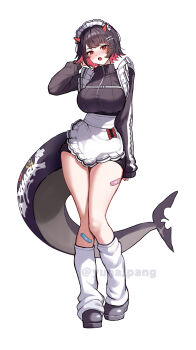 1girl absurdres alternate_costume apron arm_behind_head bandaid bandaid_on_leg black_hair black_jacket black_shoes blush bow breasts colored_inner_hair commentary_request ellen_joe fake_horns fake_wings fins fish_tail full_body hair_ornament highres horns jacket large_breasts leg_warmers looking_at_viewer maid maid_apron maid_headdress mini_wings mole mole_under_eye multicolored_hair open_mouth raised_eyebrow razor_blade_hair_ornament red_bow red_eyes revision scar scar_on_tail shark_girl shark_tail shoes short_hair simple_background solo tail thighs white_apron white_background white_leg_warmers wings yuna_(deadawon) zenless_zone_zero zipper