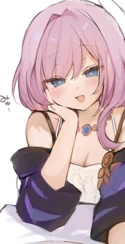 1girl bare_shoulders blue_eyes breasts cleavage coat commentary_request cyrene_(aedes_elysiae)_(honkai:_star_rail) cyrene_(honkai:_star_rail) dress highres honkai:_star_rail honkai_(series) looking_at_viewer pink_hair purple_coat short_hair simple_background small_breasts solo white_background white_dress yukari_(rihenara_doll)