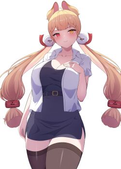 Rule 34 | 1girl, absurdres, alice thymefield, animal ears, belt, blush, breasts, brown thighhighs, cleavage, collarbone, dookta, hair ornament, hairclip, hetero, highres, large breasts, long hair, rabbit ears, red eyes, shirt, smile, solo, thighhighs, twintails, white shirt, yellow eyes, zenless zone zero