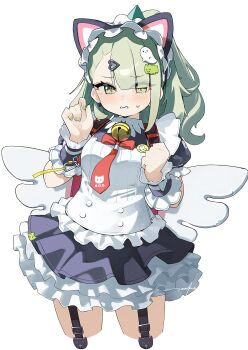 1girl animal_ear_hairband animal_ears bell black_dress blush cat_ear_hairband cat_ears cowboy_shot dress fake_animal_ears frilled_dress frills garter_straps ghost_hair_ornament green_eyes green_hair green_nails hair_ornament hairband heart heart_hair_ornament highres layered_dress loah_66 looking_at_viewer maid maid_headdress multiple_hair_clips neck_bell necktie official_alternate_costume ponytail red_bag red_necktie simple_background solo sunna_(afternoon_tea_break)_(zenless_zone_zero) sunna_(zenless_zone_zero) sweatdrop white_background white_wings winged_bag wings zenless_zone_zero