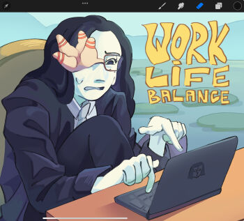 Rule 34 | 1girl, black eyes, black hair, chair, collared shirt, colored skin, computer, coral, coral glasses, ena: dream bbq, ena (dream bbq), ena (series), ena (species), formal clothes, glasses, highres, jacket, laptop, long hair, necktie, on chair, procreate (medium), procreate (software), rronikaveterr, shirt, sitting, solo, suit, sweat, white necktie, white shirt, white skin