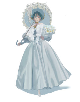 1girl absurdres alternate_costume bare_shoulders blue_eyes blue_hair bouquet capelet commentary_request dress flower frills full_body heterochromia highres holding holding_bouquet holding_umbrella light_smile long_sleeves off-shoulder_dress off_shoulder parted_lips red_eyes ryohn see-through_capelet see-through_clothes shoes short_hair solo tatara_kogasa teeth touhou umbrella white_background white_capelet white_dress white_shoes