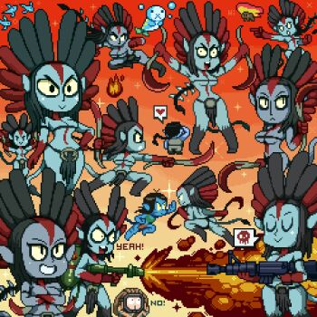 Rule 34 | 1girl, alien, avatar: fire and ash, black eyes, black hair, blue skin, breasts, character request, closed eyes, colored skin, commentary, crossed arms, english commentary, english text, flamethrower, frown, gradient background, gun, hand on own hip, heart, holding, holding flamethrower, holding gun, holding weapon, james cameron's avatar, large breasts, multiple views, na'vi, open mouth, paul robertson, pigeon-toed, pixel art, pointy ears, smile, speech bubble, spoken heart, spoken skull, standing, teeth, upper teeth only, varang, weapon