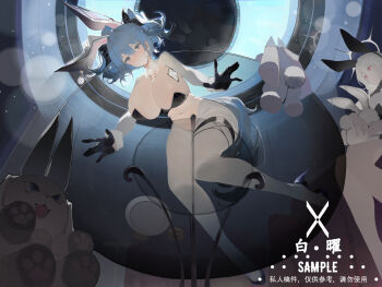 2girls absurdres animal_ears bai_yao_(user_ygua7252) black_gloves blue_hair breasts commentary english_text from_above full_body gloves grey_eyes hair_between_eyes highres large_breasts light_blush multiple_girls original playboy_bunny rabbit_ears red_eyes sample_watermark short_hair sitting stomach twintails watermark white_hair wide_hips