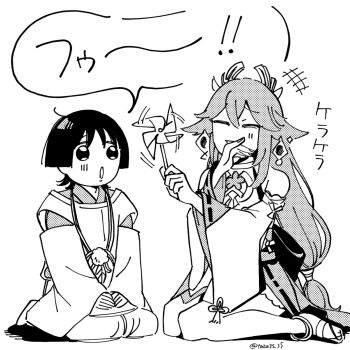 +++ 1boy 1girl animal_ears anklet bloomers blunt_ends bow closed_eyes clothing_cutout commentary_request covering_own_mouth detached_sleeves earrings facing_another feathers fingernails fox_ears genshin_impact greyscale hair_between_eyes hair_ornament hair_tie hand_over_own_mouth hands_on_own_thighs hands_up highres holding holding_pinwheel japanese_clothes jewelry kariginu kimono kitsune large_bow laughing layered_sleeves light_blush long_hair long_sleeves looking_at_another monochrome nontraditional_miko open_mouth pants pinwheel pom_pom_(clothes) ribbon-trimmed_sleeves ribbon_trim sandals sash scaramouche_(genshin_impact) scaramouche_(kabukimono)_(genshin_impact) seiza shoulder_cutout sidelocks sitting speech_bubble string taka35_35 tareme toes twitter_username underwear white_background yae_miko